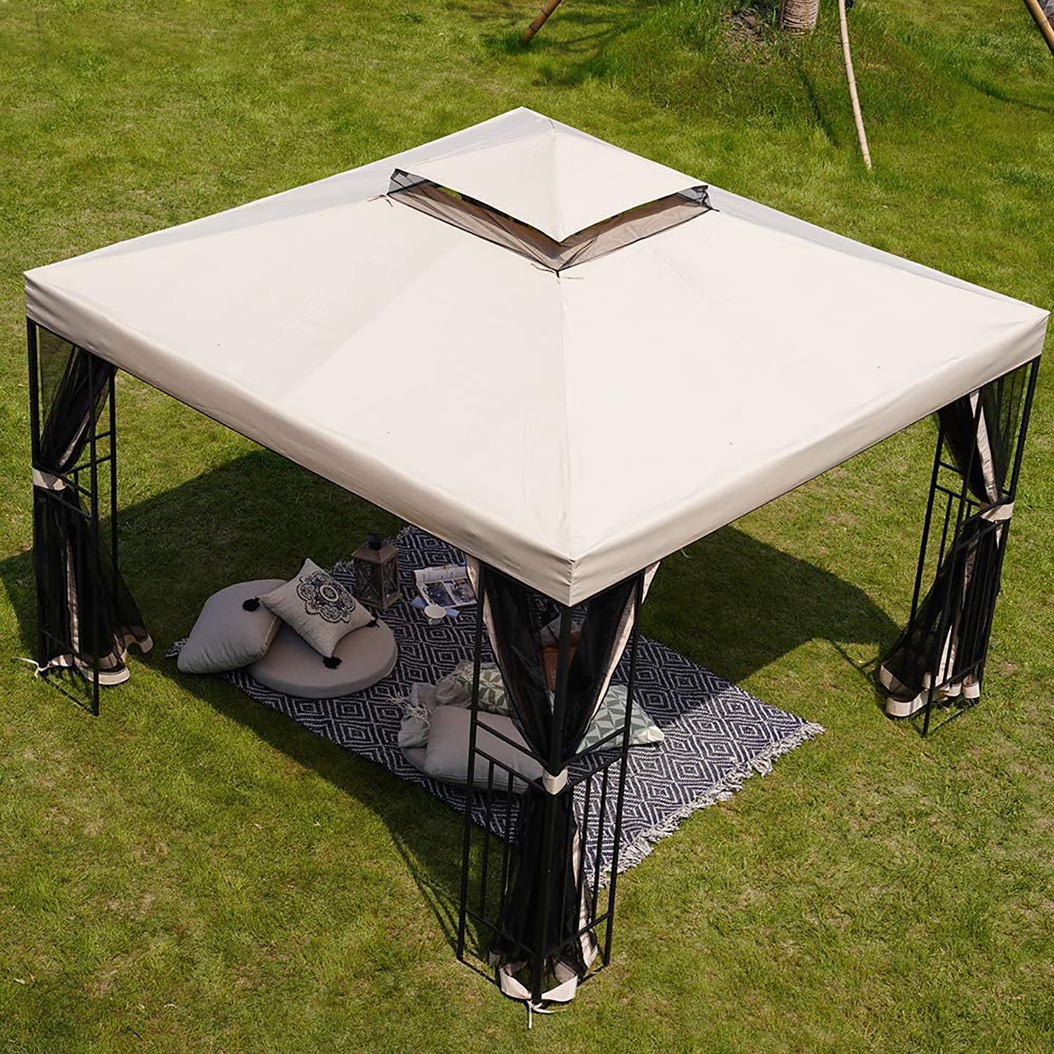 10x10 ft Outdoor Patio Gazebo with Zipped Shade Curtains, Beige