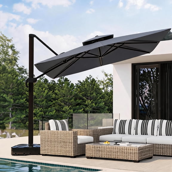 10x10 ft Square Heavy Duty Cantilever Outdoor Patio Umbrella, 360 Rotation & Adjustable Height, Sturdy Aluminum Frame, Large Sun Shade for Garden, Poolside,Burgundy Red (Base Not Included)