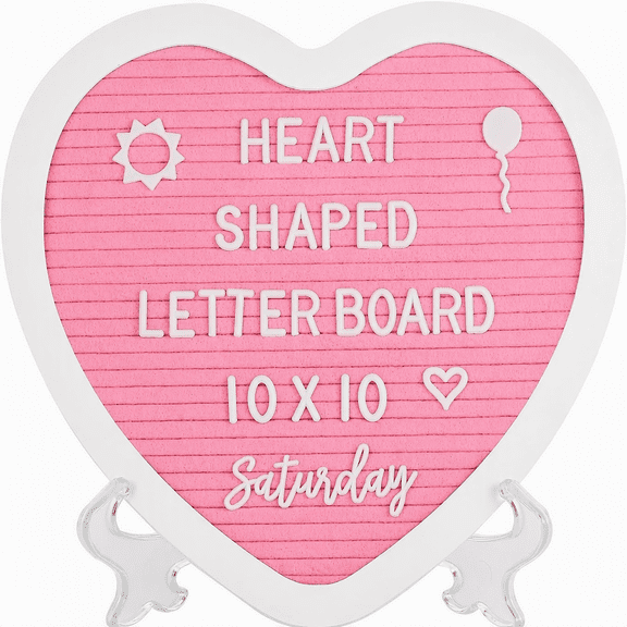 10x10 inches Heart Shaped Felt Letter Board with Stand, 340 Changeable Letters Symbols Cursive Words, Pink Message Board for Baby Shower Nursery Decor