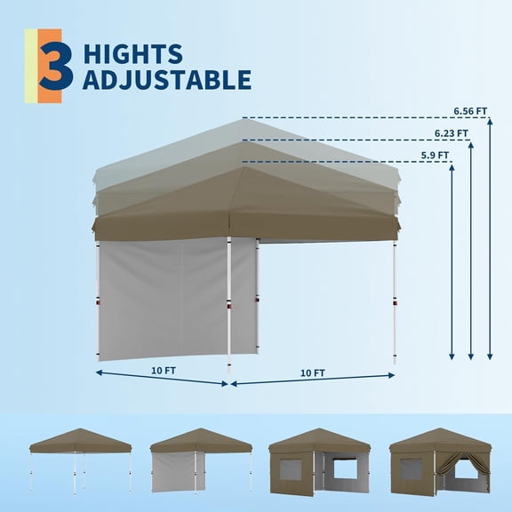 10x10 pOP uP cANOPY WITH 1 sIDEWALL, oNE-pERSON eASY up oUTDOOR tENT W/pORTABLE rOLLER bAG, oNE-bUTTON pUSH sETUP, 3 aDJUSTABLE hEIGHTS, FOR eVENTS, cAMPING, bEACH, sPORTS & gARDEN, bROWN