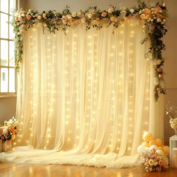 10x10FT Beige Wrinkle Free Backdrop Curtains with Lights String for Parties - Photo Curtain Backdrop with Lights for Wedding Decorations, Bridal Shower Birthday Party Photography Background