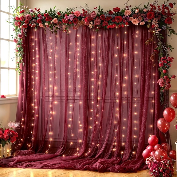 10x10FT Burgundy Wrinkle Free Backdrop Curtains with Lights String for Parties - Photo Curtain Backdrop with Lights for Wedding Decorations, Bridal  Shower Birthday Party Photography Background