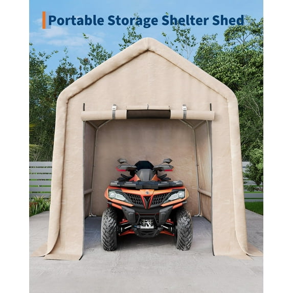 10x10FT Curved Pipe Motorcycle Shed ,Outdoor Portable Storage Shed with Roll-Up Door & Vent, 240G Heavy-Duty Shelter Waterproof PE Tarp, UV-Resistant Storage Sheds for Motorcycle, Firewood