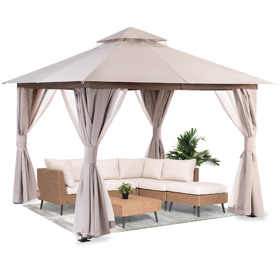 10x10FT Gazebo,Grill Gazebo, Outdoor Patiowith Expansion Bolts, Outdoor Heavy Duty Party Tent with Double Roofs(Khaki )