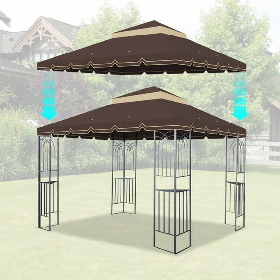 10x10FT Gazebo Replacement Canopy Top Cover with Double Tiered,Outdoor Patio Gazebo Cover with Waterproof PU Coating,Drain Holes and Insect Barrier,No Frame,Canopy Replacement Top for Outdoor,Brown