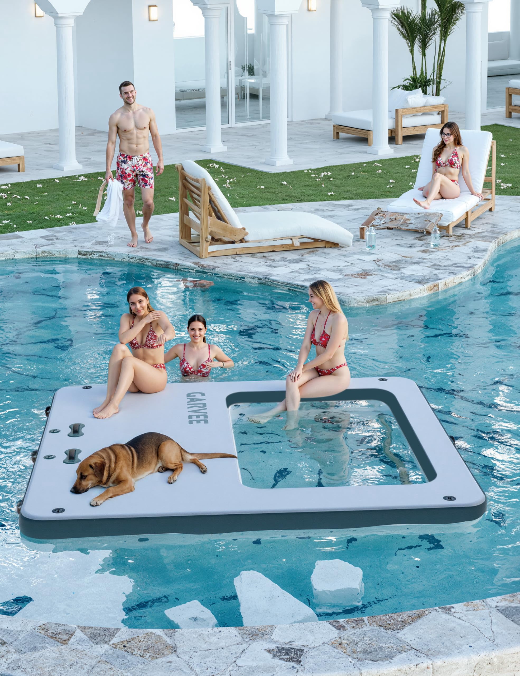 10x10FT Inflatable Floating Dock, Square Floating Platform with Mesh Hammock, Non-Slip EVA Deck, Rope Ladder for Lake, Pool, Beach, Boating, Yoga, Party