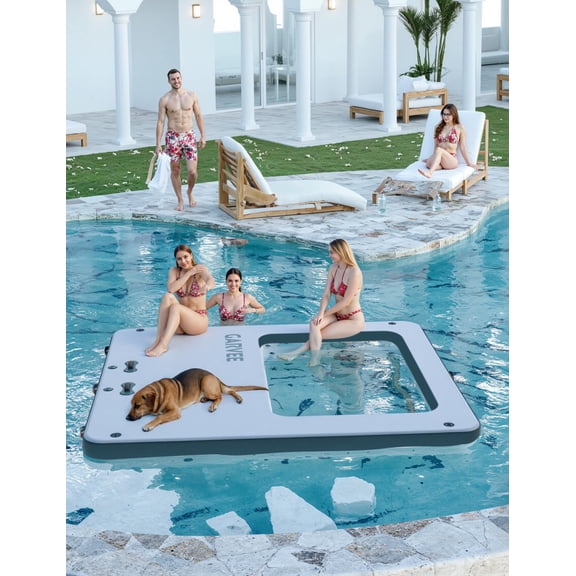 10x10FT Inflatable Floating Dock, Square Floating Platform with Mesh Hammock, Non-Slip EVA Deck, Rope Ladder for Lake, Pool, Beach, Boating, Yoga, Party
