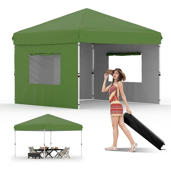 10x10FT Instant Pop Up Canopy Tent with 4 Side Walls, Complete Commercial Shelter System for Outdoor Events-Green