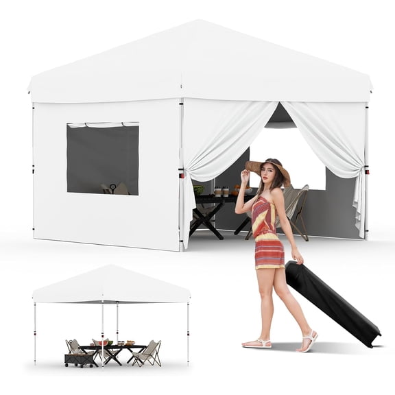 10x10FT Pop Up Canopy with 4 Sidewalls, Beach Tent with One Push Setup, Outdoor Instant Tent with Wheeled Carry Bag, Portable Gazebo Shelter for Patio Deck Garden and Beach
