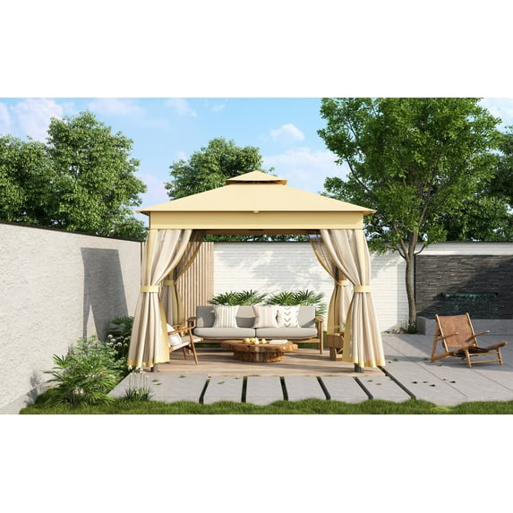 10x10Ft Outdoor Gazebo Tent, Double Roof Canopy with Mosquito Netting and Dual Sided Zippers for Backyard, Garden, Lawn and Deck, Beige