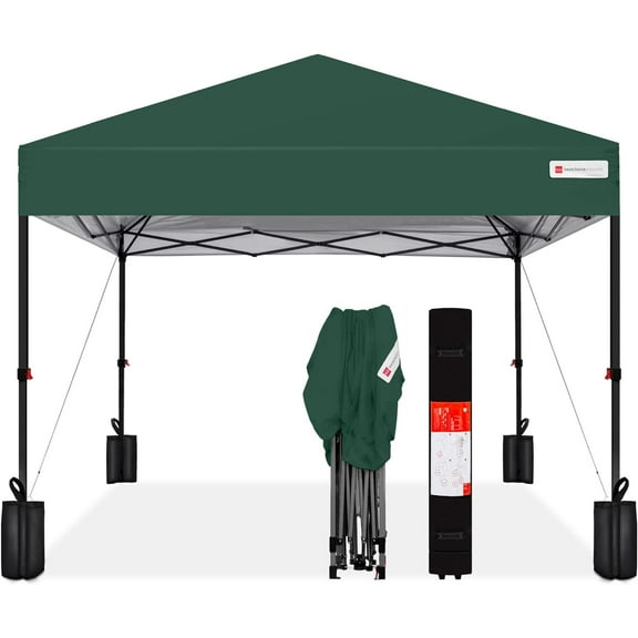 10x10ft 1-Person Setup Pop Up Canopy Tent Instant Portable Shelter w/ 1-Button Push, Case, 4 Weight Bags - Dark Green