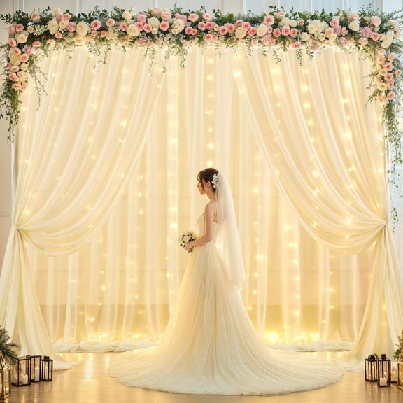 10x10ft Champagne Tulle Backdrop Curtain with Lights String for Wedding, Wrinkle Free Sheer Curtain with Lights for Baby Shower, Tulle Backdrop Drapes for Birthday Party Photo Shoot(5 x 10ft,2Panels)