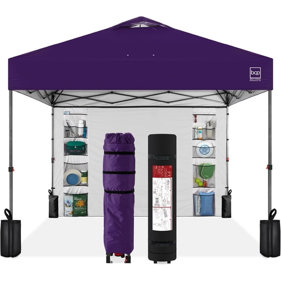 10x10ft Easy Pop Up Canopy w/Side Wall, 10 Pockets, Portable Carrying Case, 1-Button Setup, 4 Weight Bags - Amethyst Purple