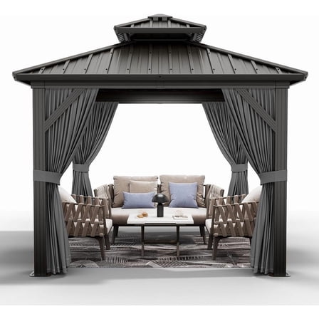 10x10ft Gazebo, Hardtop Double Roof Canopy with Netting and Curtains, Outdoor Gazebo Galvanized Iron Aluminum Frame Garden Tent for Patio, Backyard, Deck, Lawns (Gray)