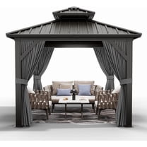 10x10ft Gazebo, Hardtop Double Roof Canopy with Netting and Curtains, Outdoor Gazebo Galvanized Iron Aluminum Frame Garden Tent for Patio, Backyard, Deck, Lawns (Gray)