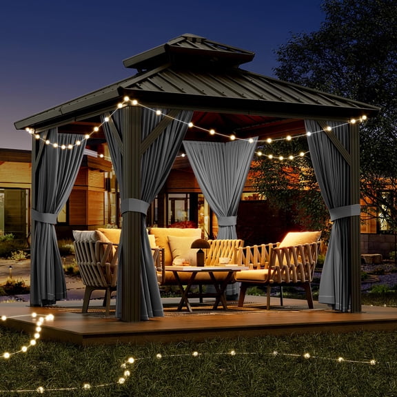 10x10ft Gazebo, Hardtop Double Roof Canopy with Netting and Curtains, Outdoor Gazebo Galvanized Iron Aluminum Frame Garden Tent for Patio, Backyard, Deck, Lawns (Gray)