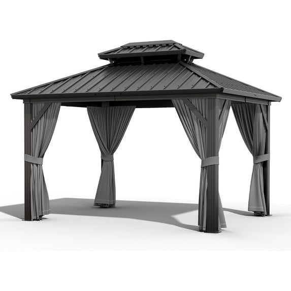 10x10ft Hardtop Gazebo Double Roof with Nettings and Curtains,Aluminum Frame Wood Grain Heavy Duty Galvanized Steel Outdoor Combined
