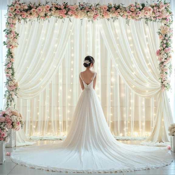 10x10ft Light Beige Tulle Backdrop Curtain with Lights String for Wedding, Wrinkle Free Sheer Curtains with Lights for Baby Shower, Tulle Light Backdrop Curtain for Birthday Party (5 x 10ft,2 Panels)