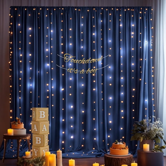 10x10ft Navy Blue Backdrop Curtains with Lights Photo Drapes Wrinkle Free Fabric Backdrop Curtain for Wedding Birthday Party Baby Shower Bridal Shower Home Party Background Decorations