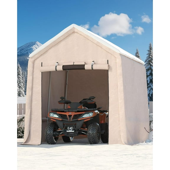 10x10ft Outdoor Carport Portable Storage Shed w/ Roll-Up Door & Vent Heavy-Duty Shelter Waterproof PE Tarp, for Motorcycle, Firewood, Garden and Tools