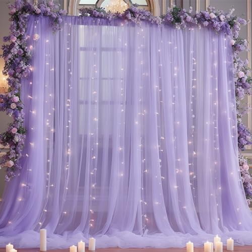 10x10ft Purple Tulle Backdrop Curtain with Lights String for Parites, Sheer Backdrop Curtains for Wedding Baby Shower Birthday Party Photo Shoot Decorations