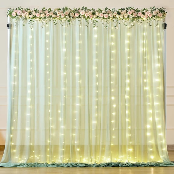 10x10ft Sage Green Backdrop Curtain with Lights String for Wedding, Wrinkle Free Tulle Backdrop Curtain for Baby Shower, Sheer Curtain with Lights for Birthday Party (5 x 10ft,2 Panels)