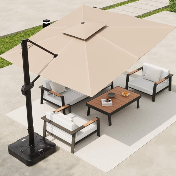 10x10ft Square Cantilever Patio Umbrella with Base, Khaki