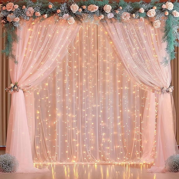 10x10ft Tulle Backdrop Curtain with Lights String for Parites, Sheer Backdrop Curtains for Wedding Baby Shower Birthday Party Photo Shoot Decorations