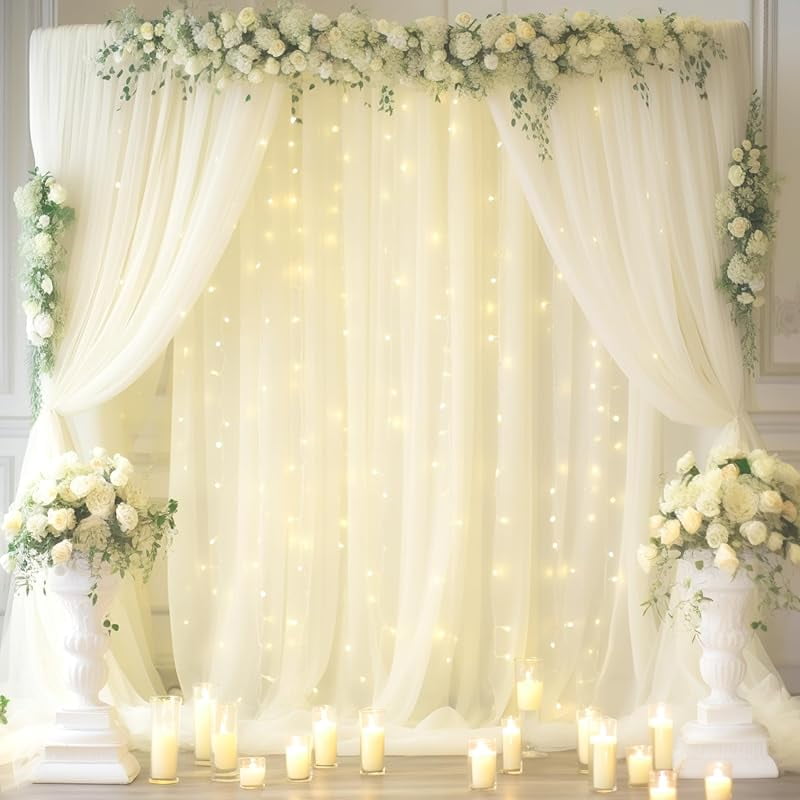 Pure White Backdrop Curtain 30ft X 10ft With Lights | Sheer Wrinkle-Free Drapes 6 Panels For Wedding, Party, Photo Booth