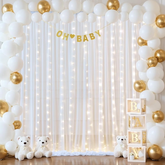 10x10ft White Tulle Backdrop Curtain with Lights String for Wedding, Wrinkle Free Sheer Curtain with Lights for Baby Shower, Tulle Backdrop Drapes for Birthday Party Photo Shoot (5 x 10ft,2 Panels)