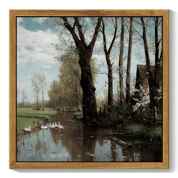 10x10in Natural Framed Countrysid and Rivulet Framed Wall Art Vintage Classic Retro Summer Idyll Village Landscape Rustic Wall Prints Farmhouse Kitchen Bathroom Office Decor