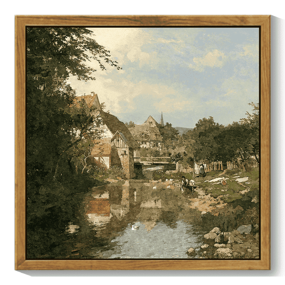 10x10in Natural Framed Countrysid and Rivulet Framed Wall Art Vintage Classic Retro Village Landscape Rustic Wall Prints Farmhouse Kitchen Bathroom Office Decor