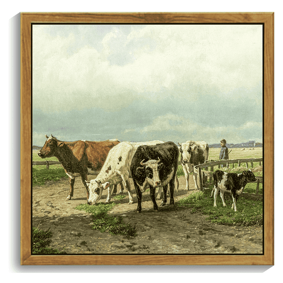10x10in Natural Framed Cow Farm Landscape Framed Wall Art Dairy Cattle Classic Wall Prints Modern Farmhouse Kitchen Bathroom Office Decor