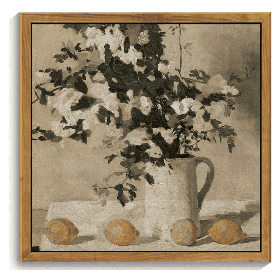 10x10in Natural Framed Flower Framed Wall Art Vintage Classic Retro Floral and Lemons Bush Wall Prints Farmhouse Kitchen Bathroom Office Decor