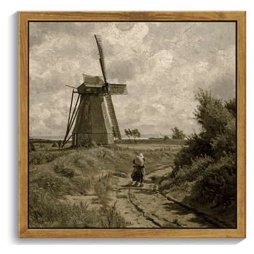 10x10in Natural Framed Landscape Framed Wall Art Vintage Classic Retro Windmill Wall Prints Farmhouse Kitchen Bathroom Office Decor