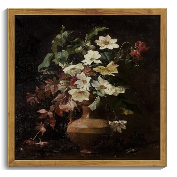 10x10in Natural Framed Rustic Flower Artwork Decor Vintage Mid Century Floral Wall Art Kitchen Bathroom Office Decor