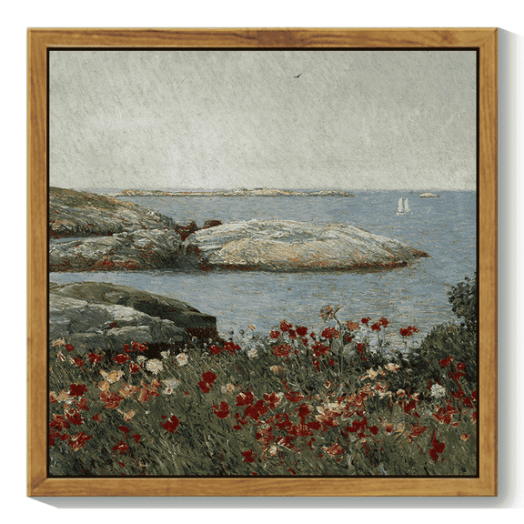 10x10in Natural Framed Seascape Framed Wall Art Vintage Classic Retro Poppies by an Island Landscape Wall Prints Farmhouse Kitchen Bathroom Office Decor