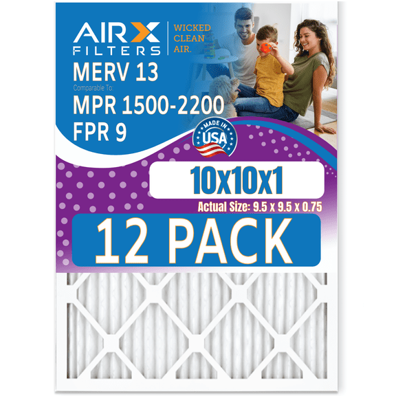 10x10x1 Air Filter MERV 13 Rating, 12 Pack of Furnace Filters Comparable to MPR 1500 - 2200 & FPR 9 - Made in USA by AIRX FILTERS WICKED CLEAN AIR.