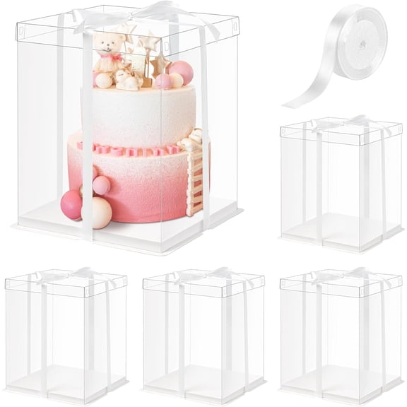 10x10x12Inch Clear Cake Box, 5 Pcs Tall Boxes with Ribbon, Treat Transport for Wedding, Birthday, Party
