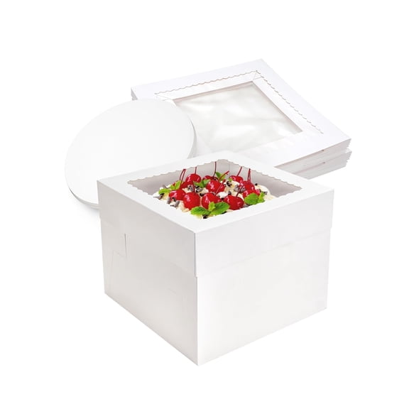 10x10x8 Inch White Tall Cake Box with Window, 2-Pack Pastry Boxes for Cakes, Pies, Birthday, Party Treats, Bakery Display Packaging