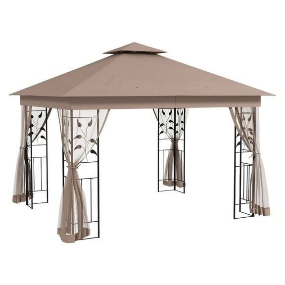 10x11.5 Steel Gazebo, Double Vented Roof with Netting, Brown - Outdoor Patio Canopy for Parties & Events