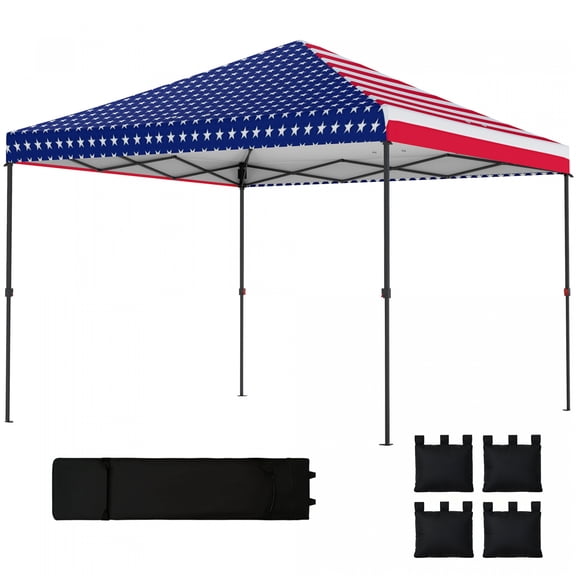 10x11 ft Pop Up Canopy Tent with Mesh Screen American Flag Pattern UPF30+ Sun Shelter with Carry Bag Stakes & Ropes