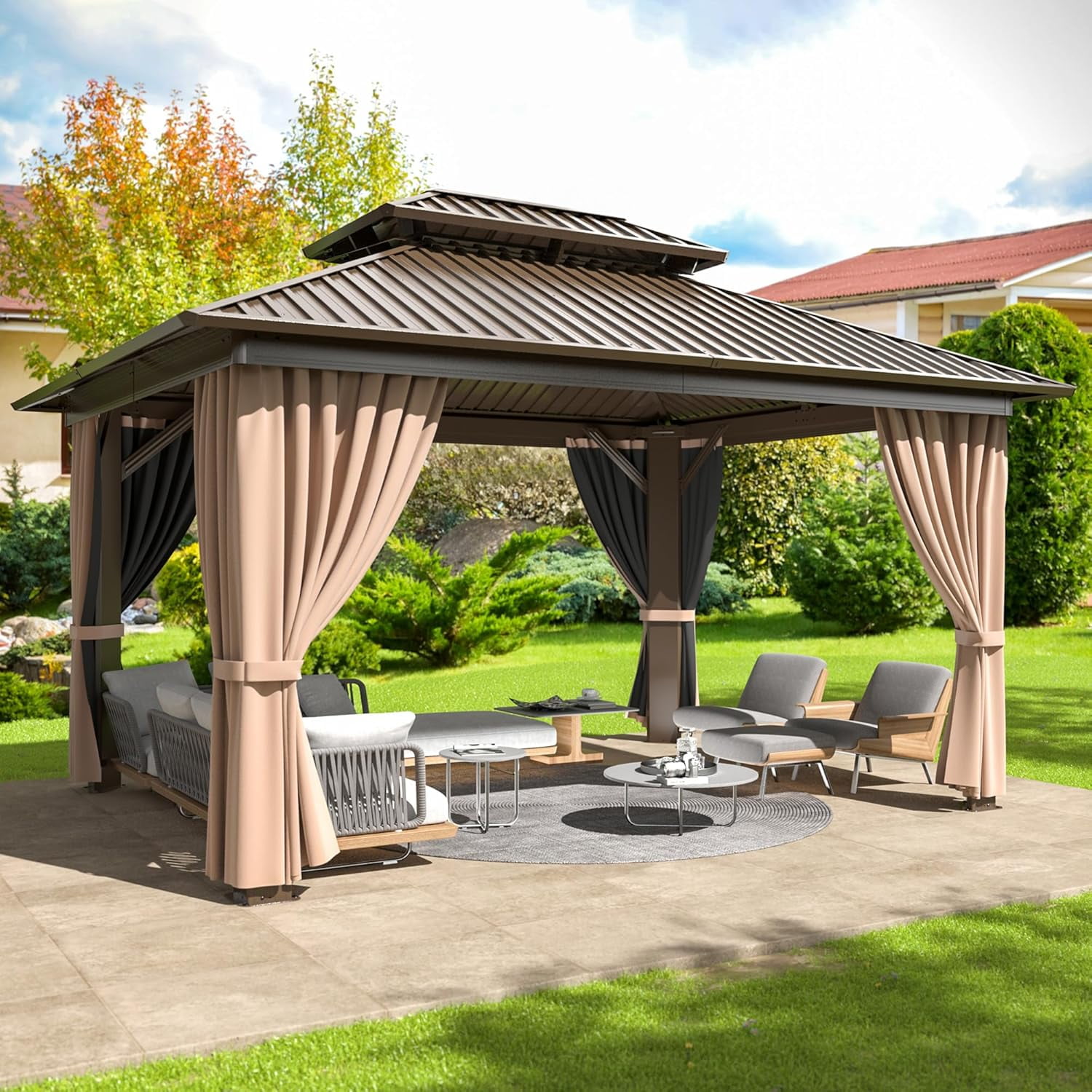 10x12 FT Hardtop Gazebo with Aluminum Frame, Galvanized Steel Double
