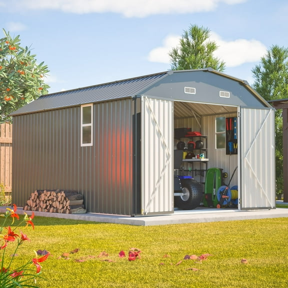 10x12 FT Metal Storage Shed with Floor Frame, Heavy-Duty Outdoor Garden Shed with Diamond Roof, 4 Vents, Window & Lockable Double Doors
