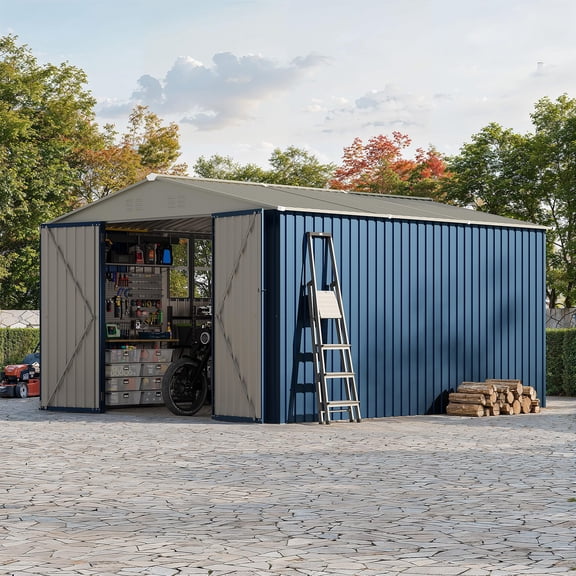 10x12 FT Outdoor Metal Storage Shed, Large Galvanized Steel Garden Shed with Cross Windows & Lockable Door, Peaked Roof Tool Shed for Lawn Mower, Bike, Patio Use