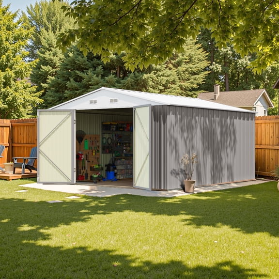 10x12 FT Outdoor Metal Storage Shed with Unique Floor Base Lockable Door Vent,Waterproof Heavy Duty Reinforced Frame Sheds for Yard Store Large Lawnmower Tool, Grey
