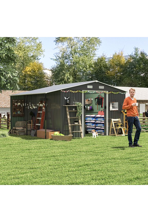 10x12 FT Outdoor Storage Shed - Extra Large Metal Shed with Dual-Zone Design, Sliding Doors & Ramp, Lockable Steel Tiny House for Garden/Backyard, Firewood Storage & Chicken Coops (Dark Gray)