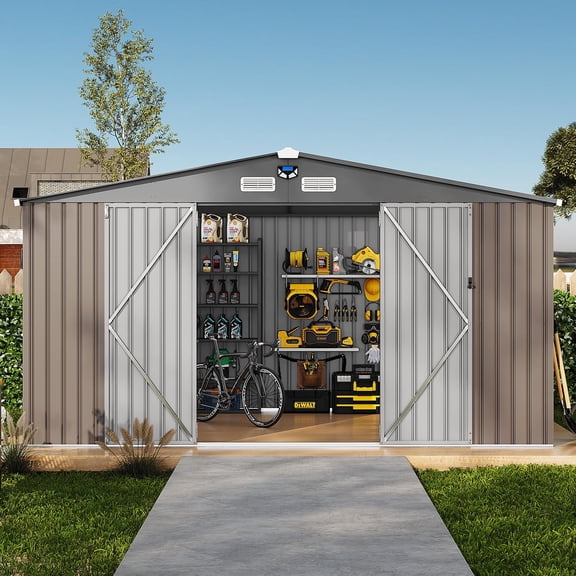 10x12 FT Outdoor Storage Shed – Heavy-Duty Metal Garden Shed with Lockable Door & Ventilated Windows for Backyard, Patio, and Lawn (Brown)