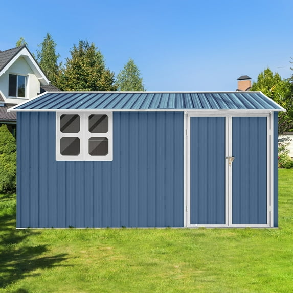 10x12 FT Outdoor Storage Shed, Metal Garden Tool Shed with Vents, Window and Bulit-in Hooks, Waterproof Organization for Home/Backyard/Garden Tools/Lawn Storage, Blue