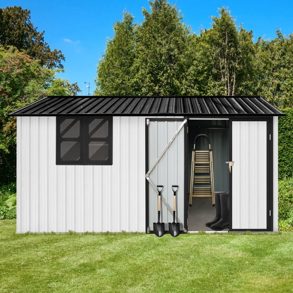 10x12 FT Outdoor Storage Shed, Metal Garden Tool Shed with Vents, Window and Bulit-in Hooks, Waterproof Organization for Home/Backyard/Garden Tools/Lawn Storage, White+Black